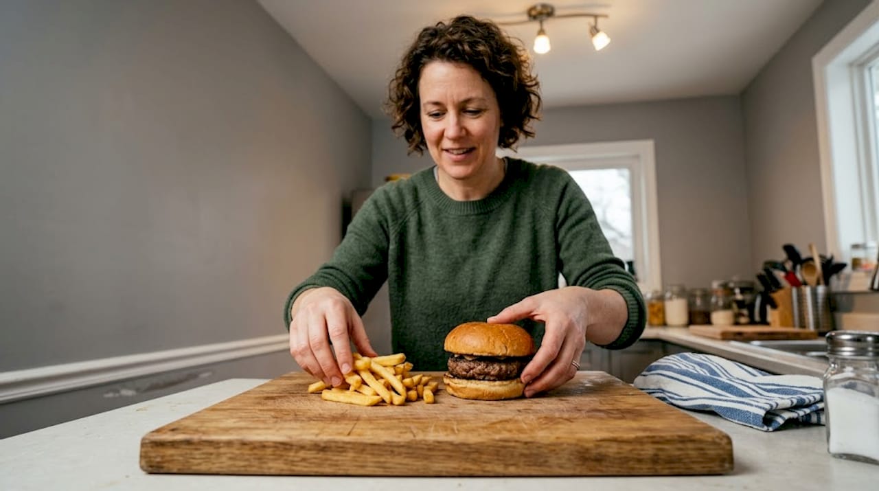 Burger on wood surface with visible backdrop texture