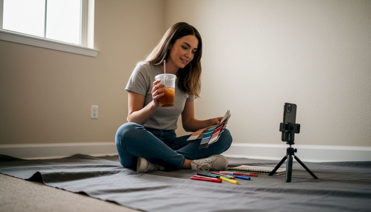 Influencer choosing colored backdrops for shoot