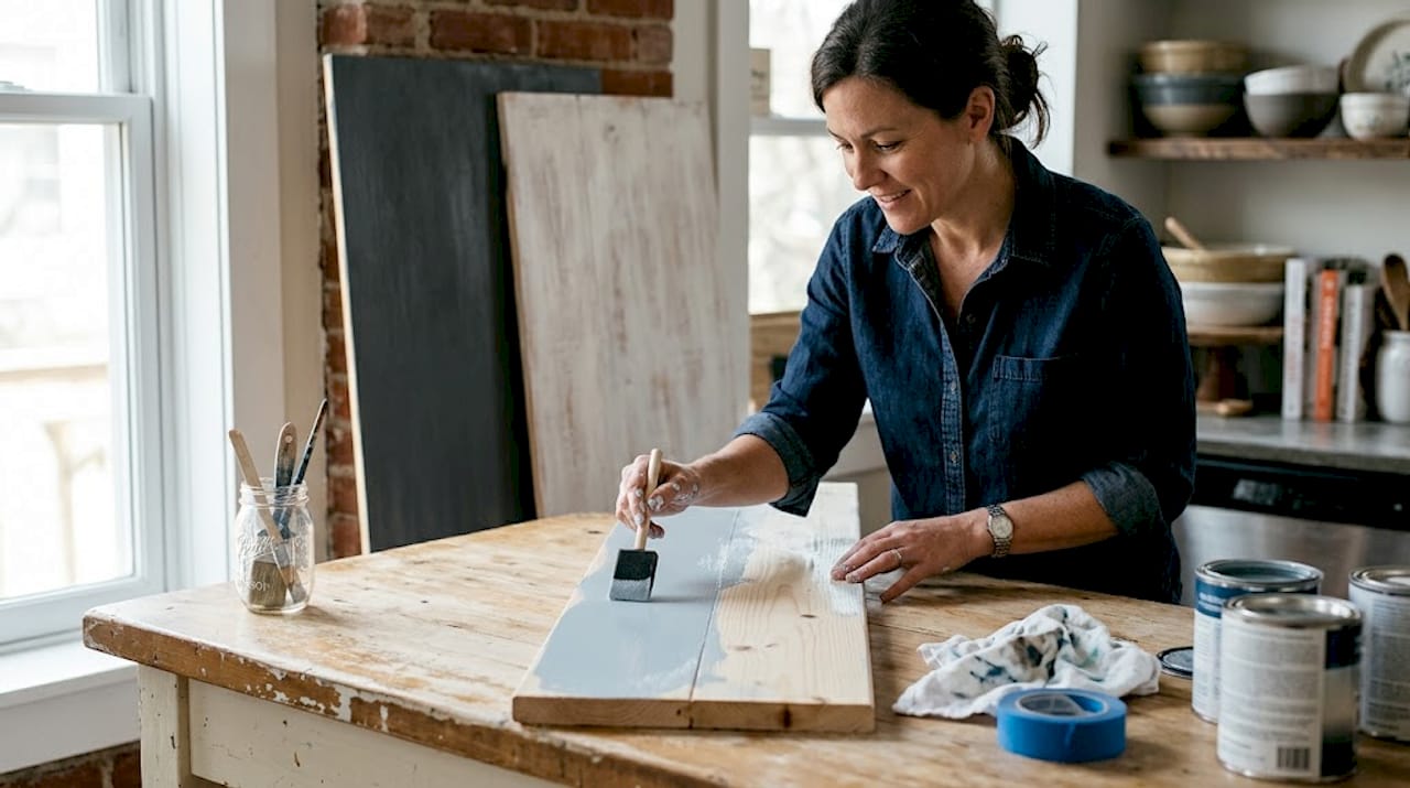 Woman painting wooden photo backdrop