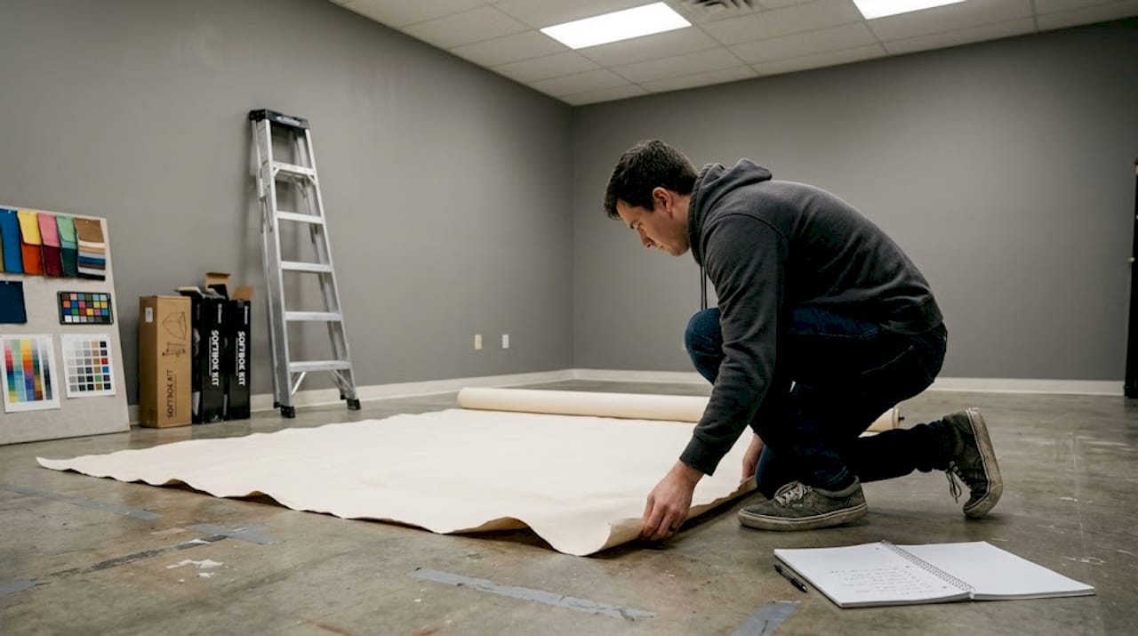 Assistant preparing canvas backdrop for photography