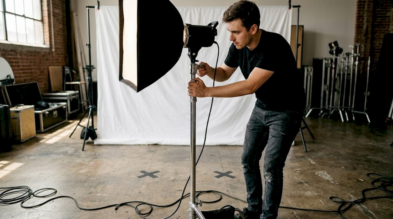 Studio assistant setting up softbox strobe light