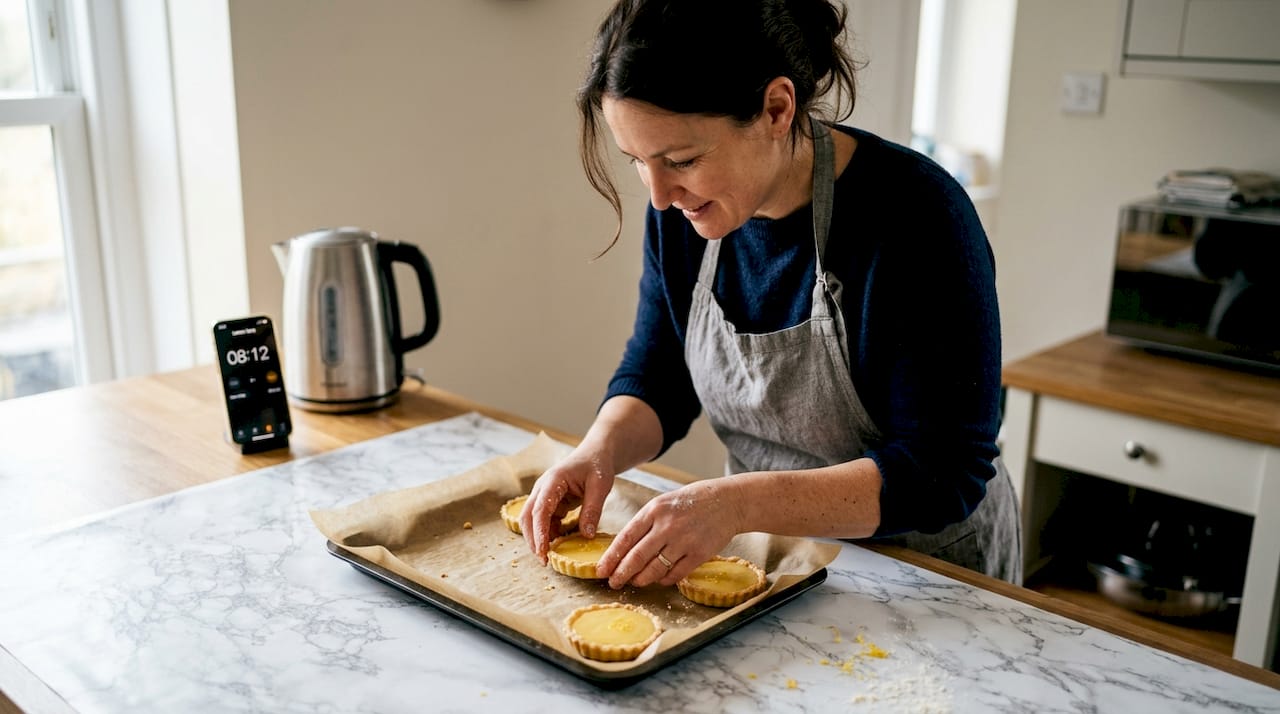 Food stylist preparing lemon tarts with vinyl backdrop