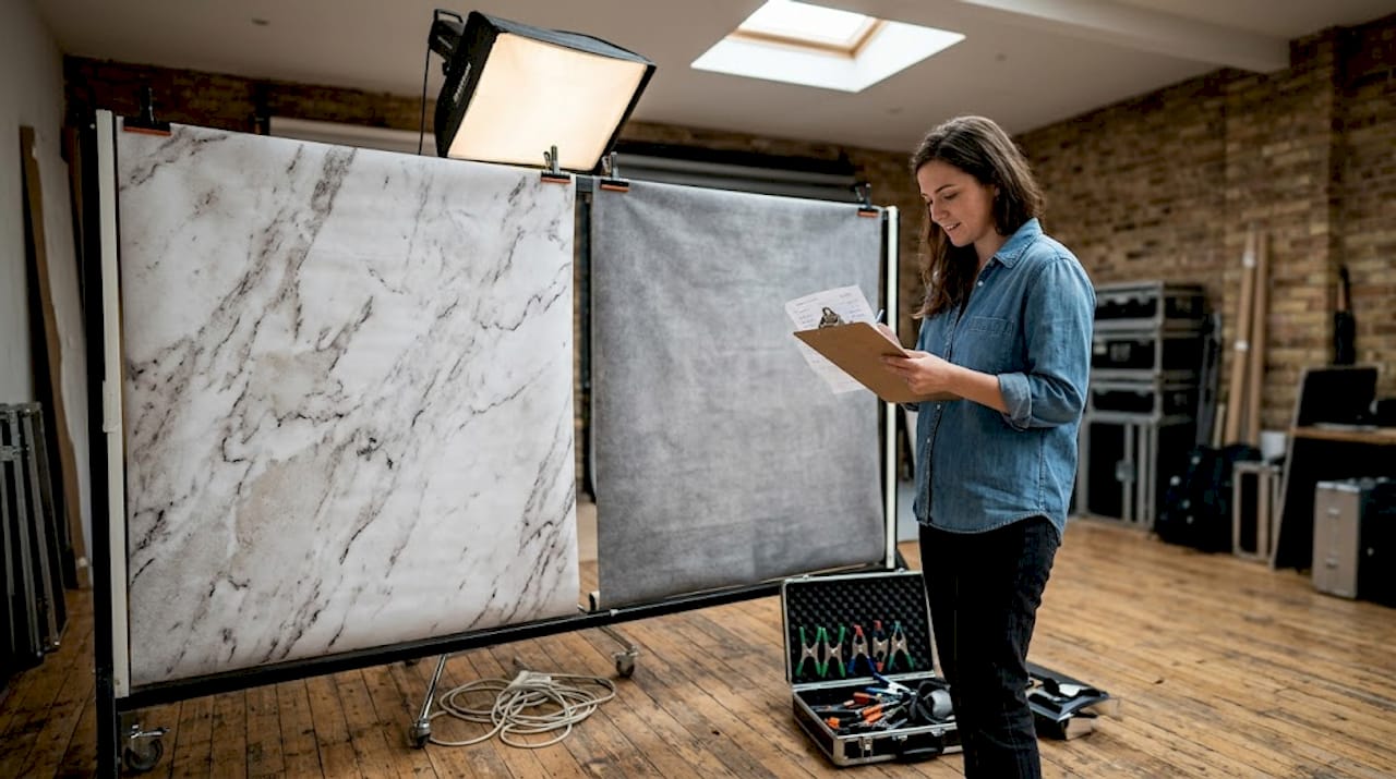 Studio assistant comparing backdrop materials