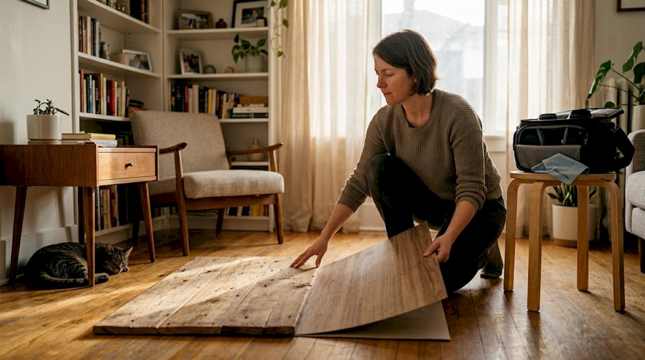 Photographer comparing real and vinyl wood backdrops