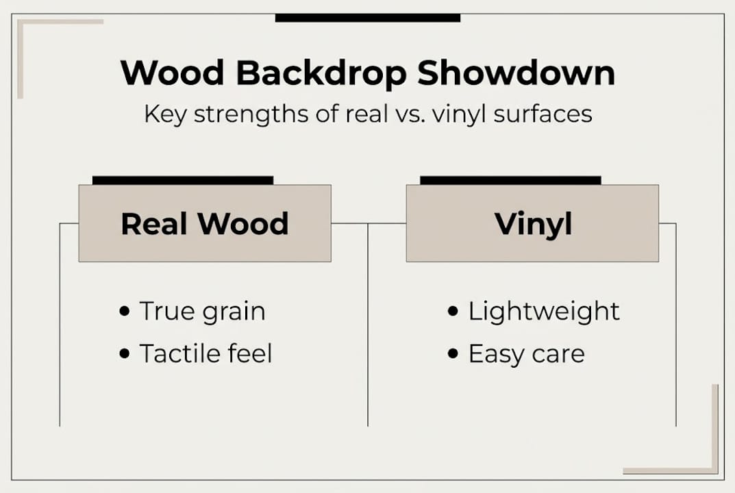 Infographic comparing real wood and vinyl backdrops