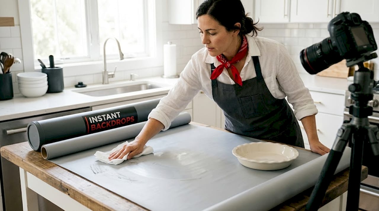 Food stylist cleaning vinyl photography backdrop