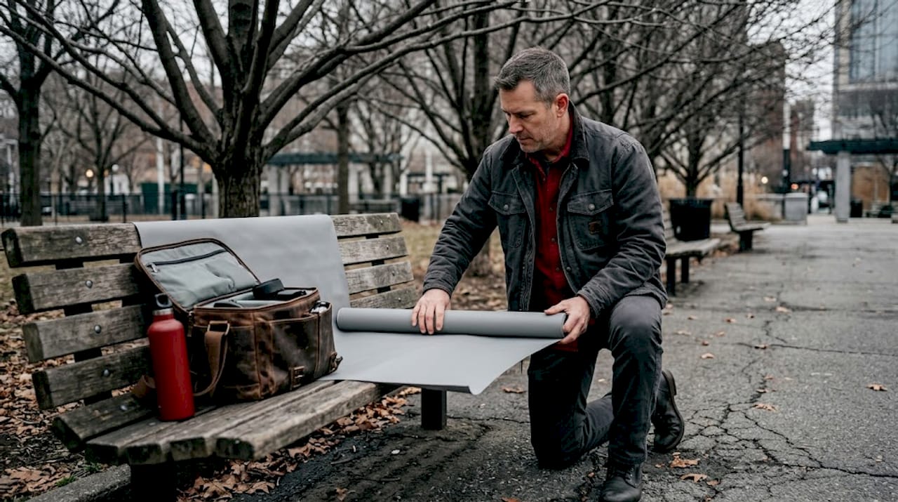Photographer preparing backdrop on city park bench