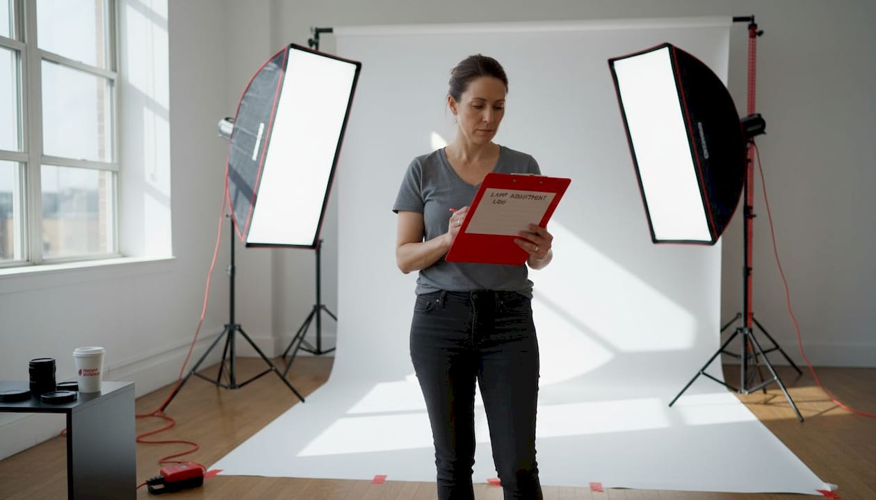 Photographer adjusting studio lighting equipment