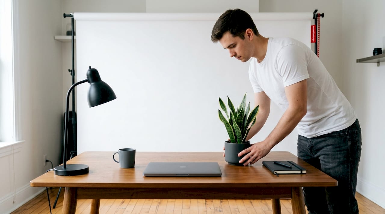 Creator uses minimalist white vinyl backdrop