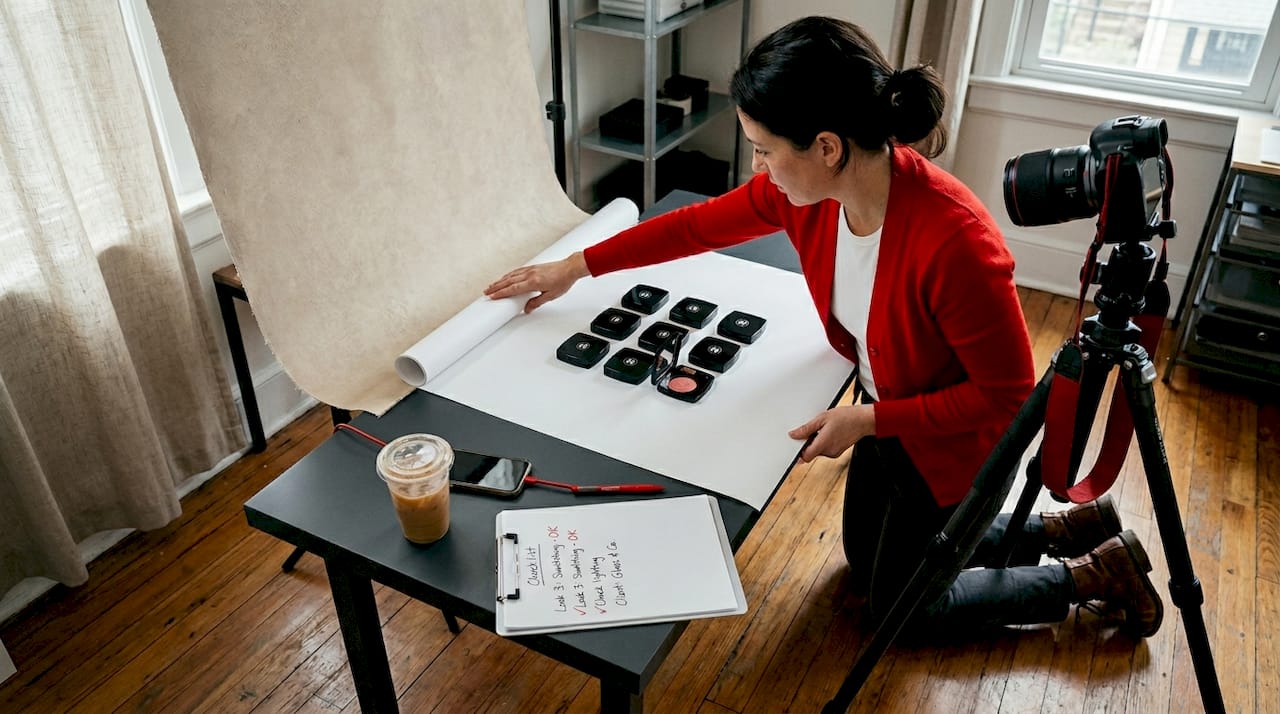 Photographer changing tabletop backdrops mid-session