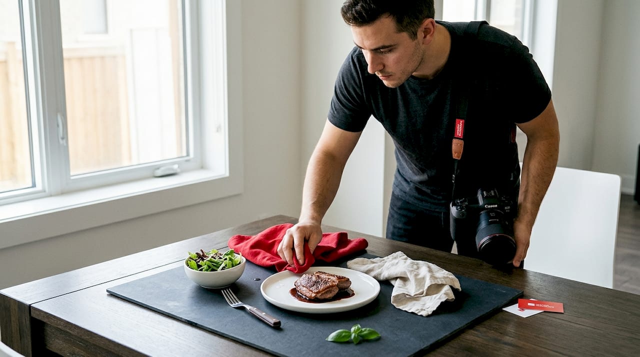 Photographer placing props for layered food scene