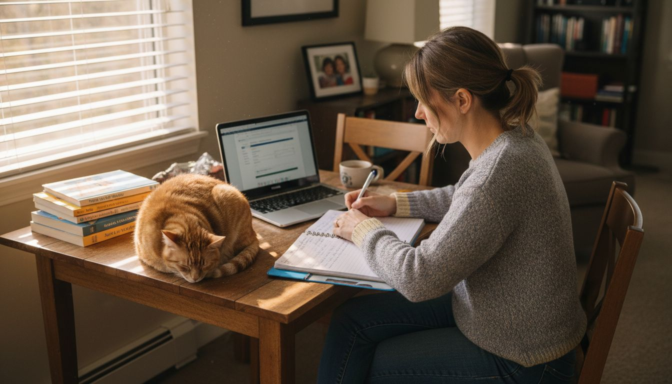 Home caregiver multitasking with laptop and planner