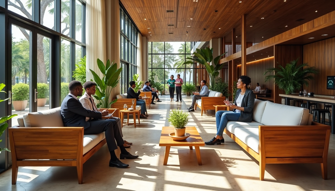 Welcoming hotel lobby with African-crafted furniture and digital kiosk