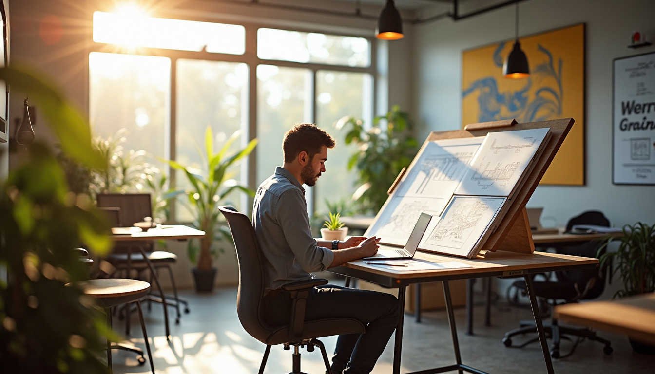 Architect using draughtsman chair in sunlit office workspace