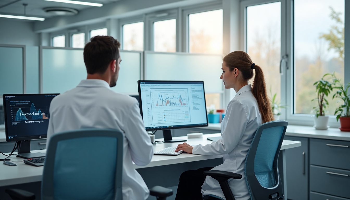 Scientists using draughtsman chairs in a well-lit laboratory