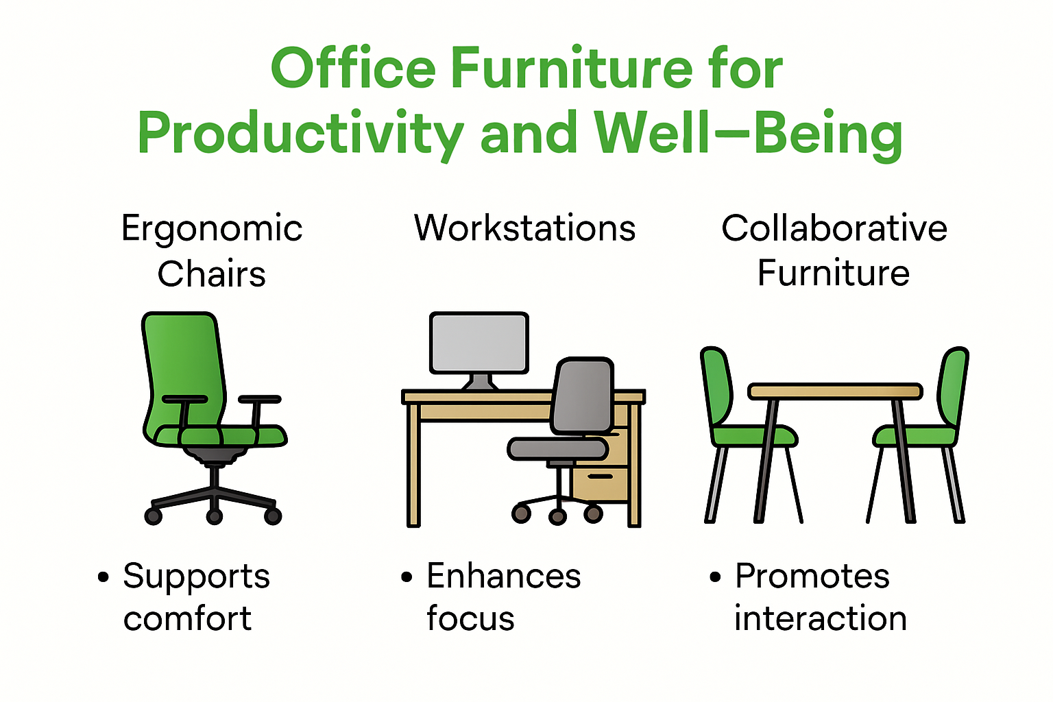 Infographic showing main office furniture types and uses