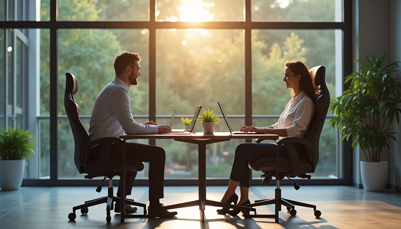 Two workers in gaming and office chairs in bright modern office