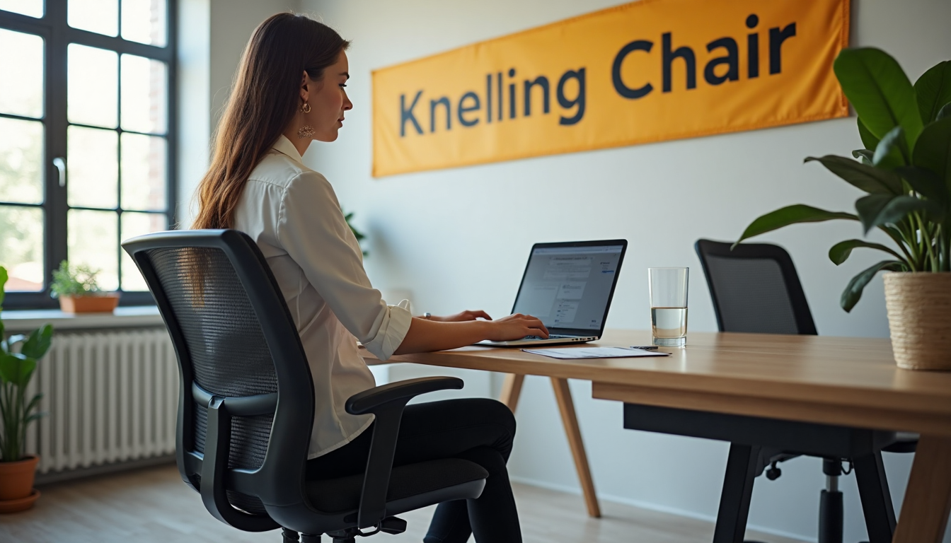 Woman uses kneeling chair at sunny office desk
