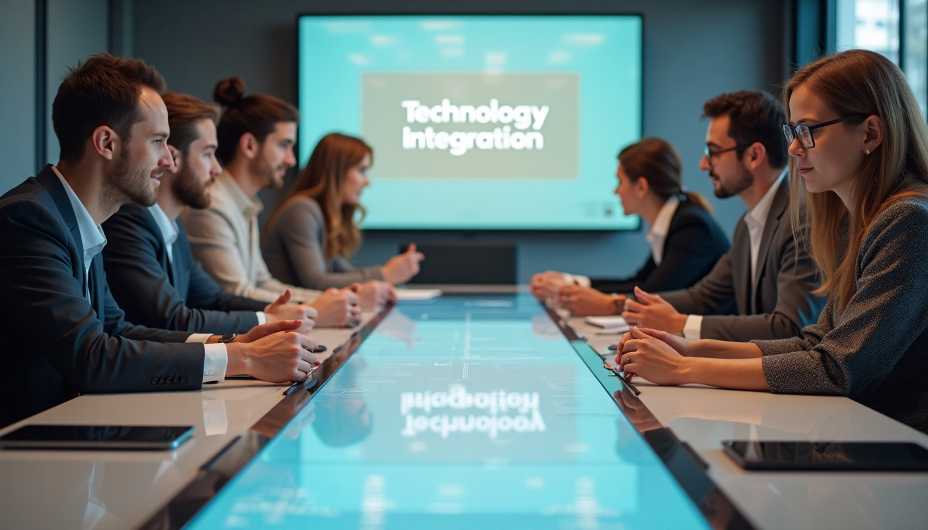 Modern boardroom team using tech-enabled table