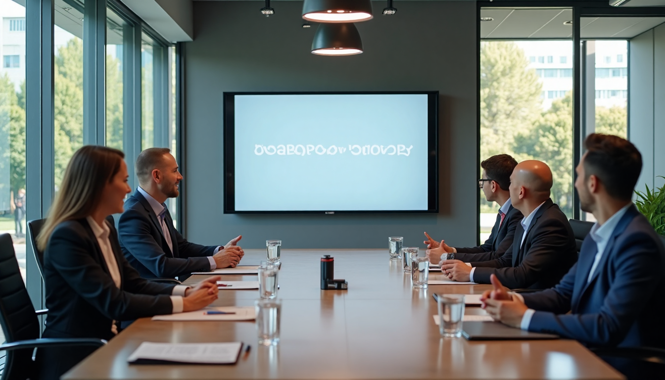 Executives in a South African boardroom with digital display