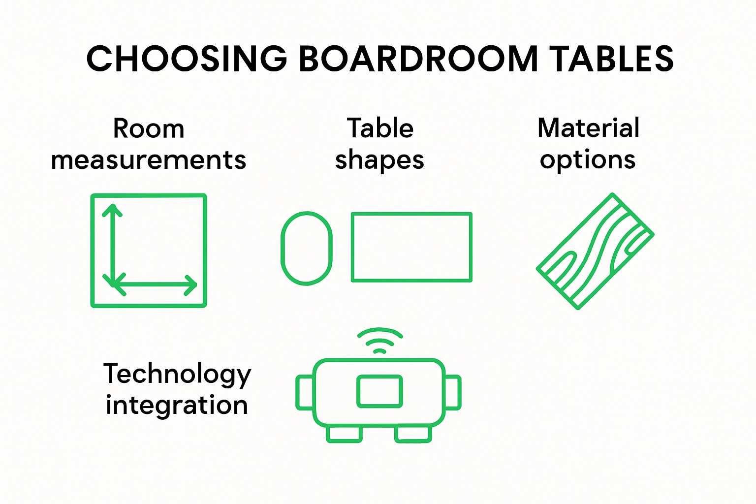 Infographic showing key factors for choosing boardroom tables