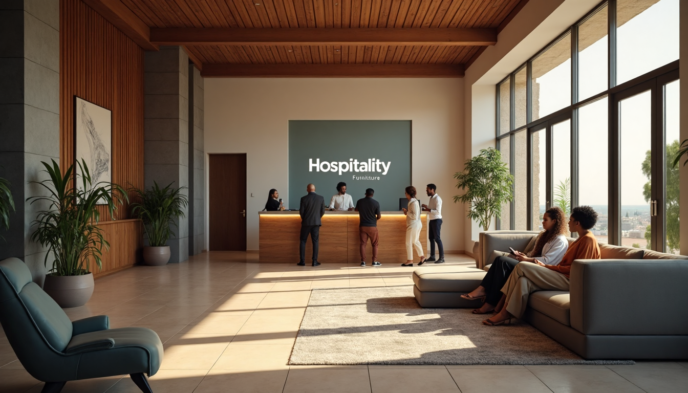 Modern hotel lobby with diverse guests and text signage