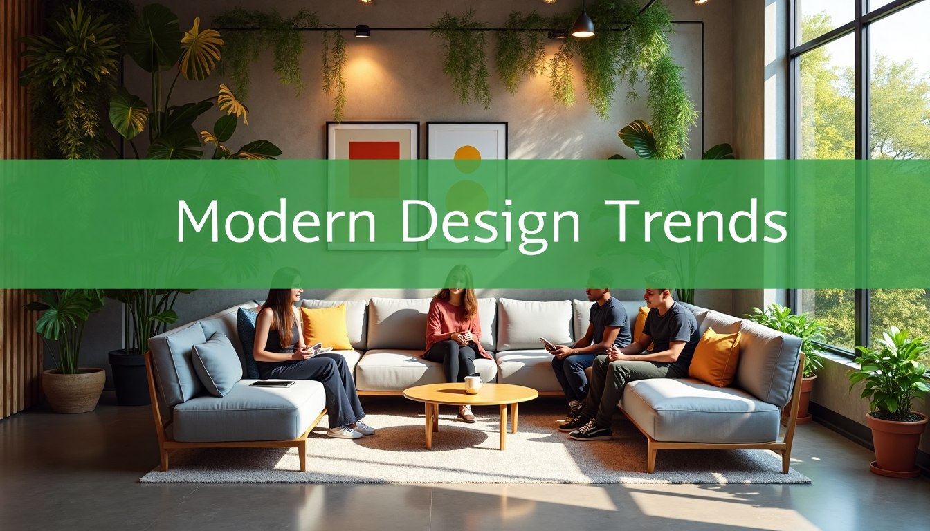 Modern biophilic office lounge with plant walls and tech furniture