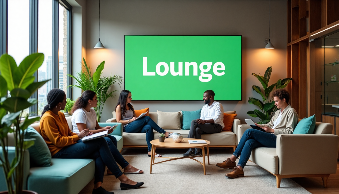 Employees collaborating in a bright, modern South African office lounge