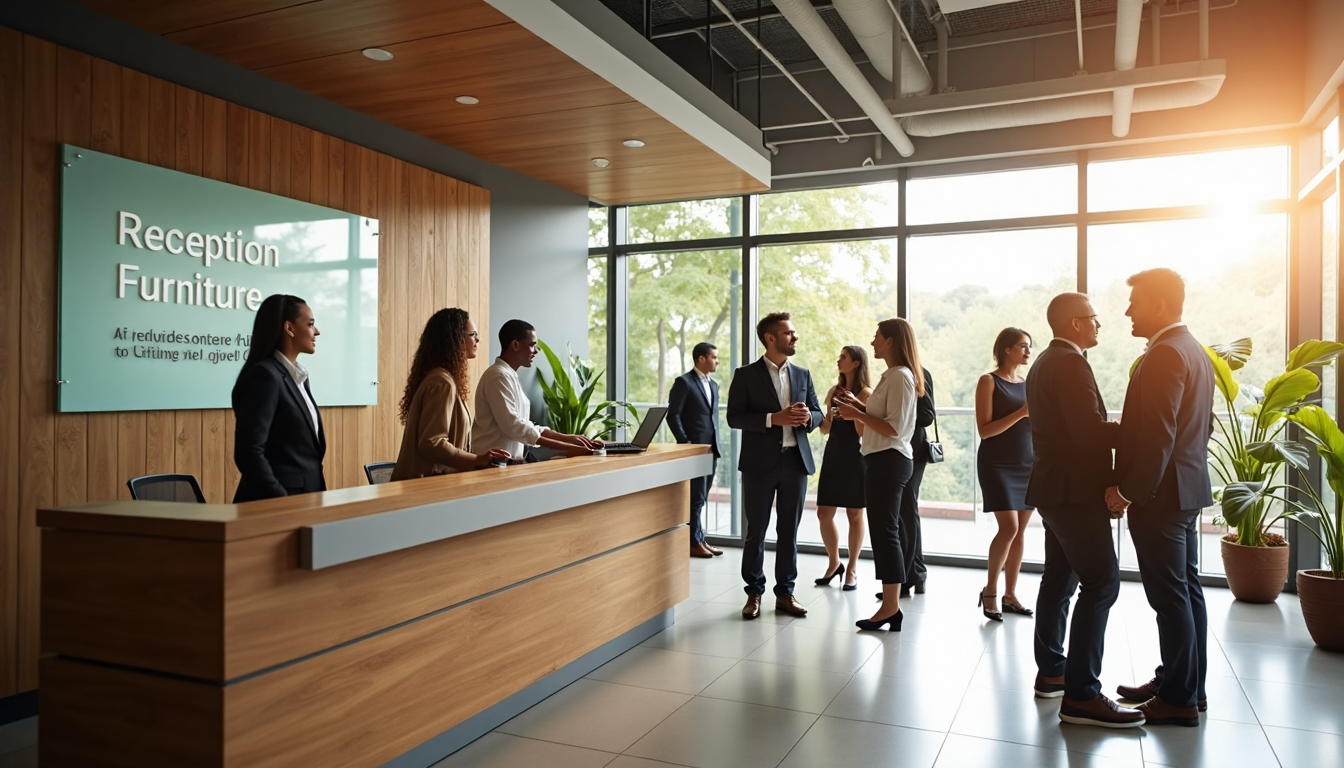 Sunlit office reception with people and branded signage