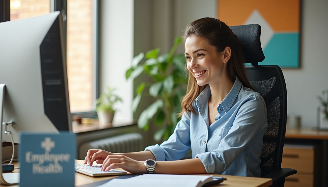 Employee adjusting ergonomic chair for better health at modern desk.