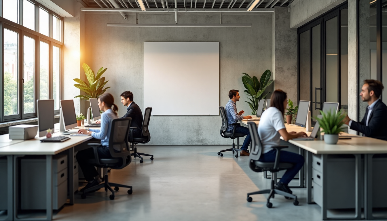 Coworkers collaborating around modern ergonomic workstations in sunlit office.