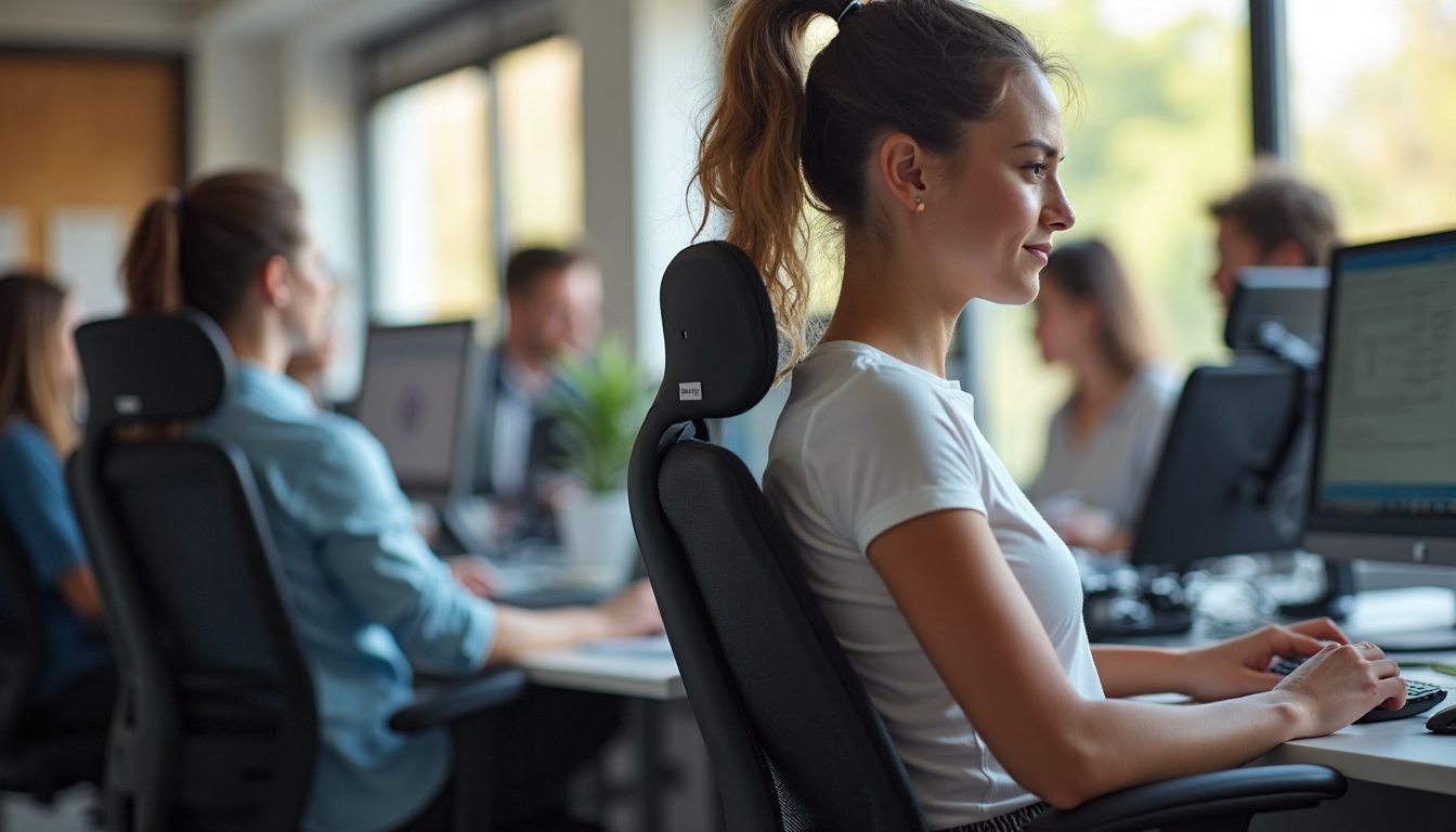 Employee adjusts lumbar support on ergonomic office chair