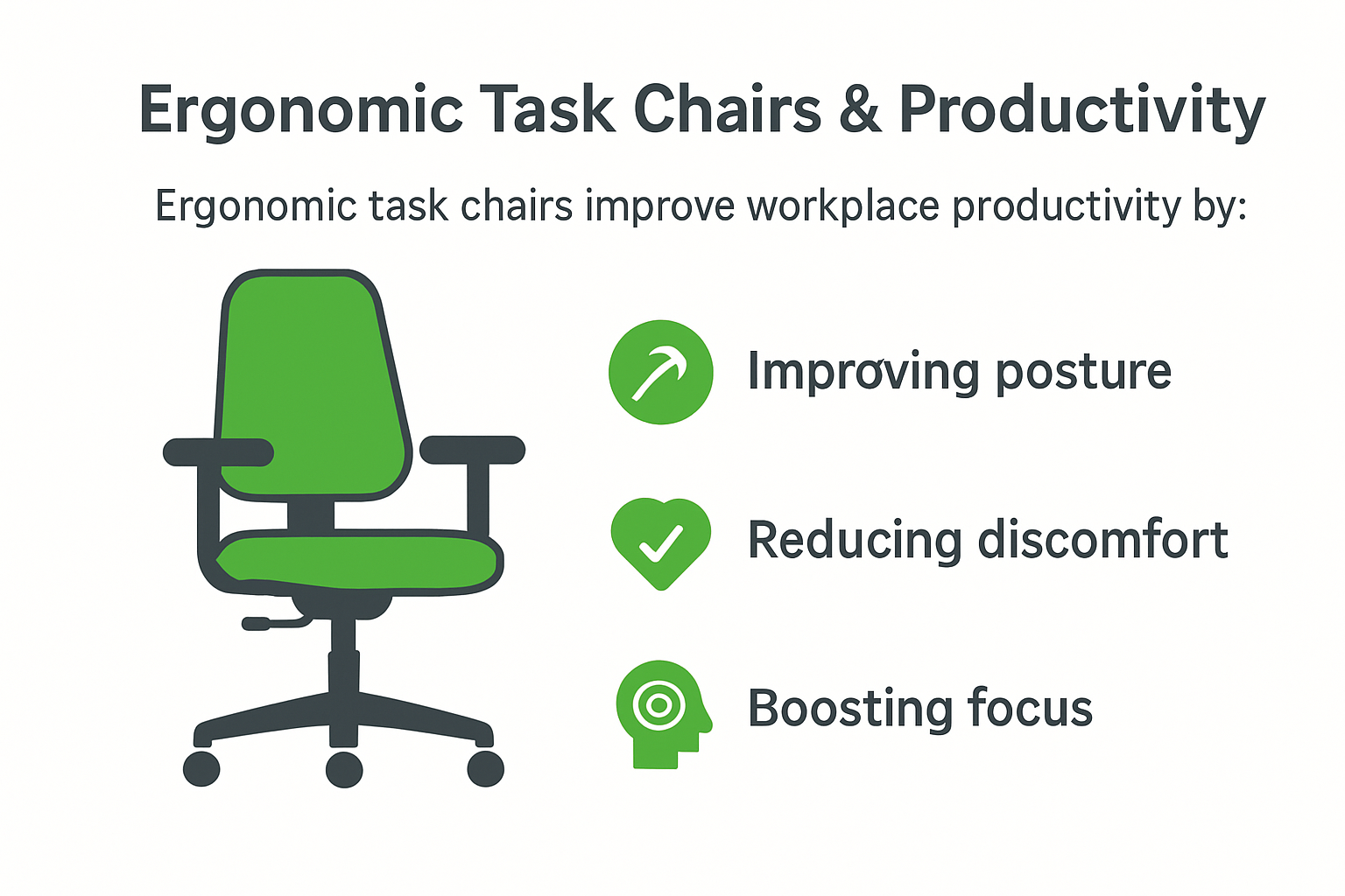 Infographic showing ergonomic chairs' impact on productivity and comfort.