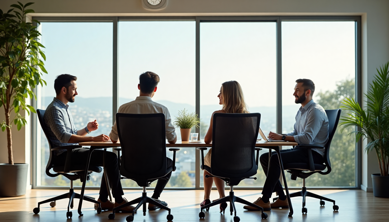 Sunlit office with employees in ergonomic chairs and digital banner