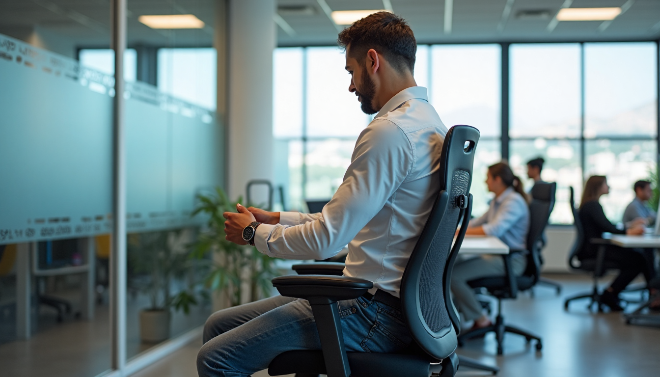 Worker adjusts ergonomic chair with office poster visible