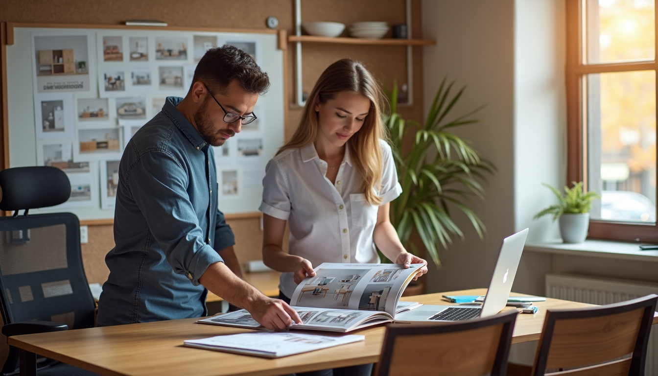 Coworkers discuss modular office furniture with poster in background