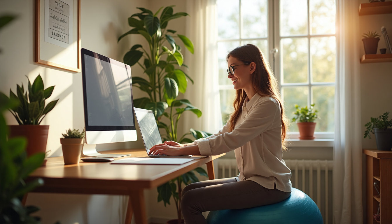 Woman on balance ball chair in sunlit home office