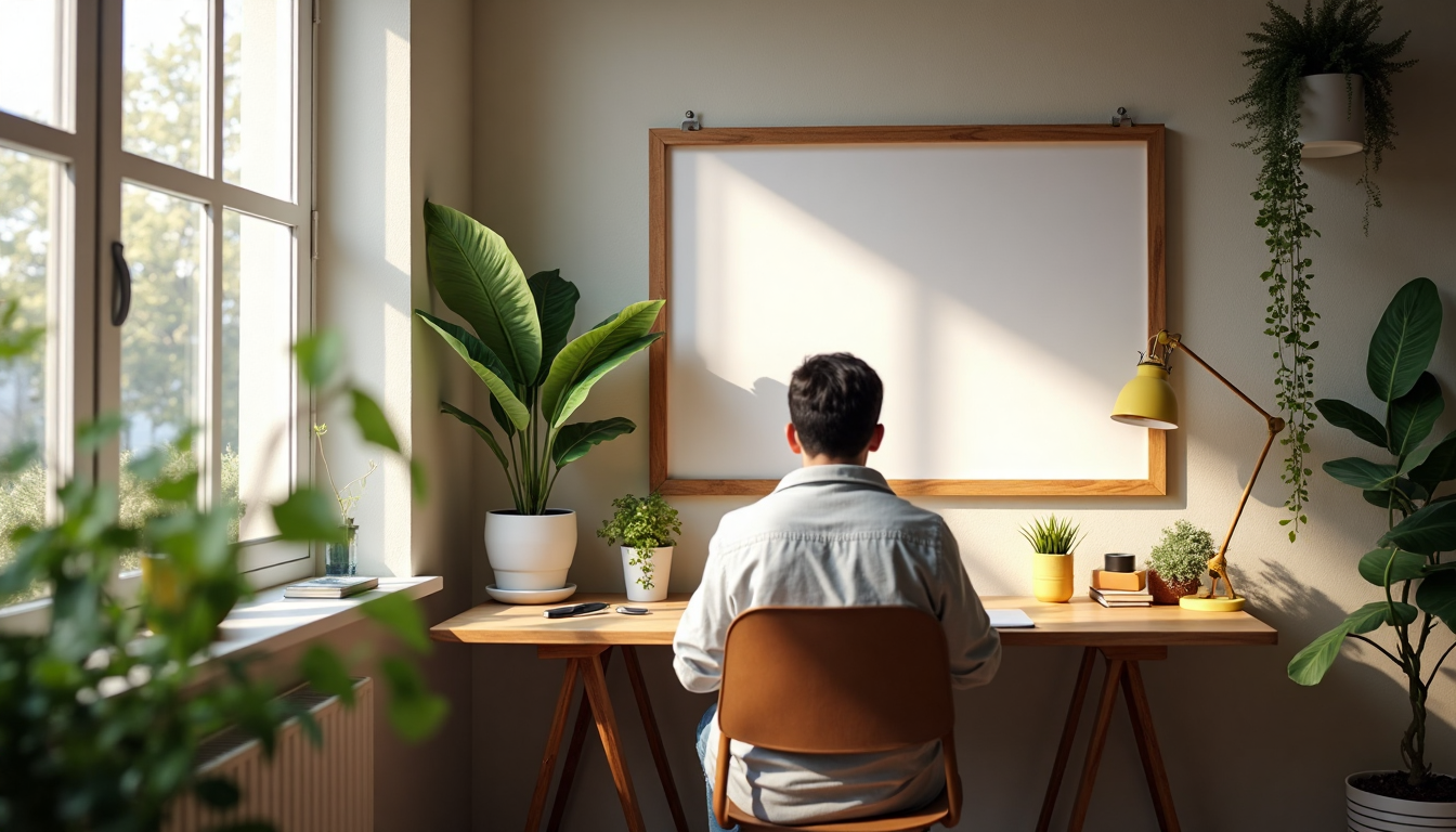 Sunlit home office with biophilic chair and natural accents