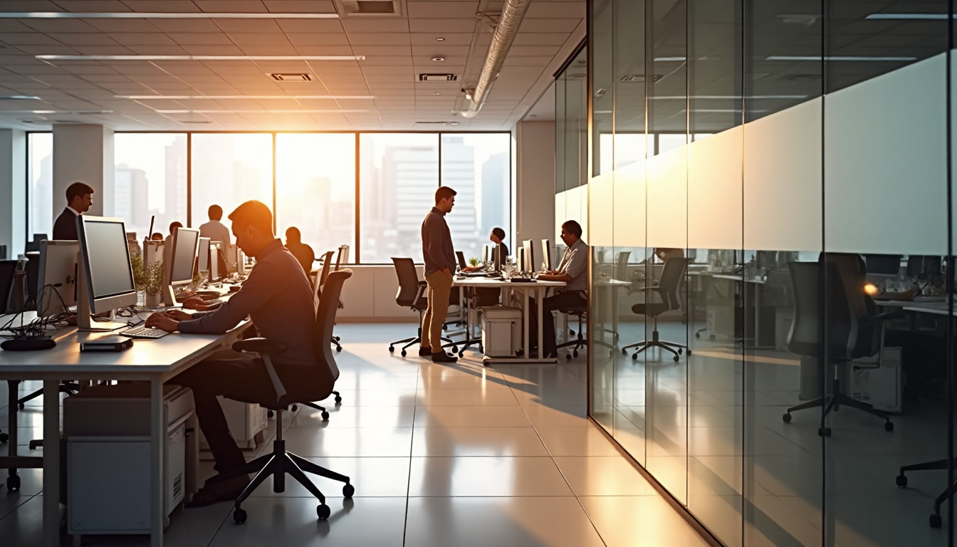 Bright office with employees and glass partition showing 'Office Chair Repair'