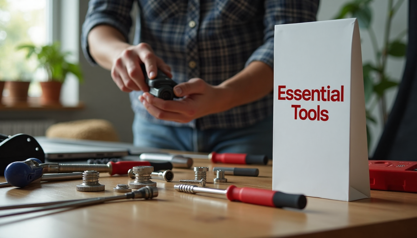 Close-up desk scene with repair tools and 'Essential Tools' sign