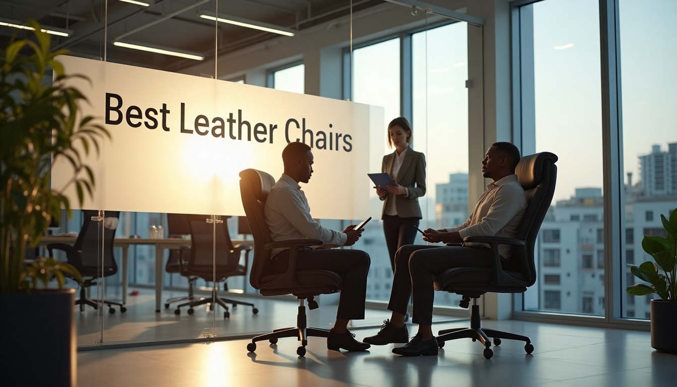 Professionals in a sunny office discuss by a leather chair