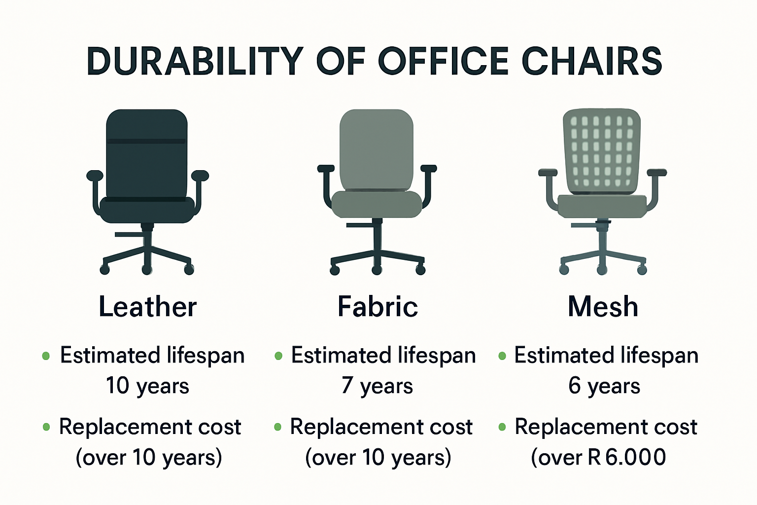 Infographic comparing durability of leather, fabric, and mesh office chairs