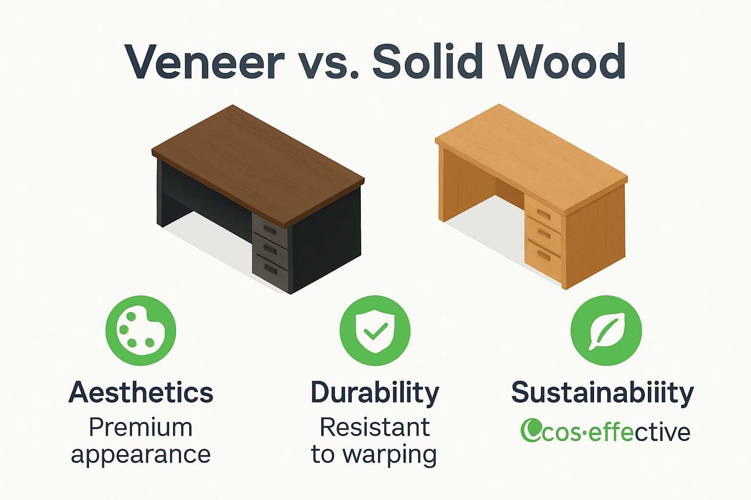 Comparison chart of veneer vs solid wood executive desks