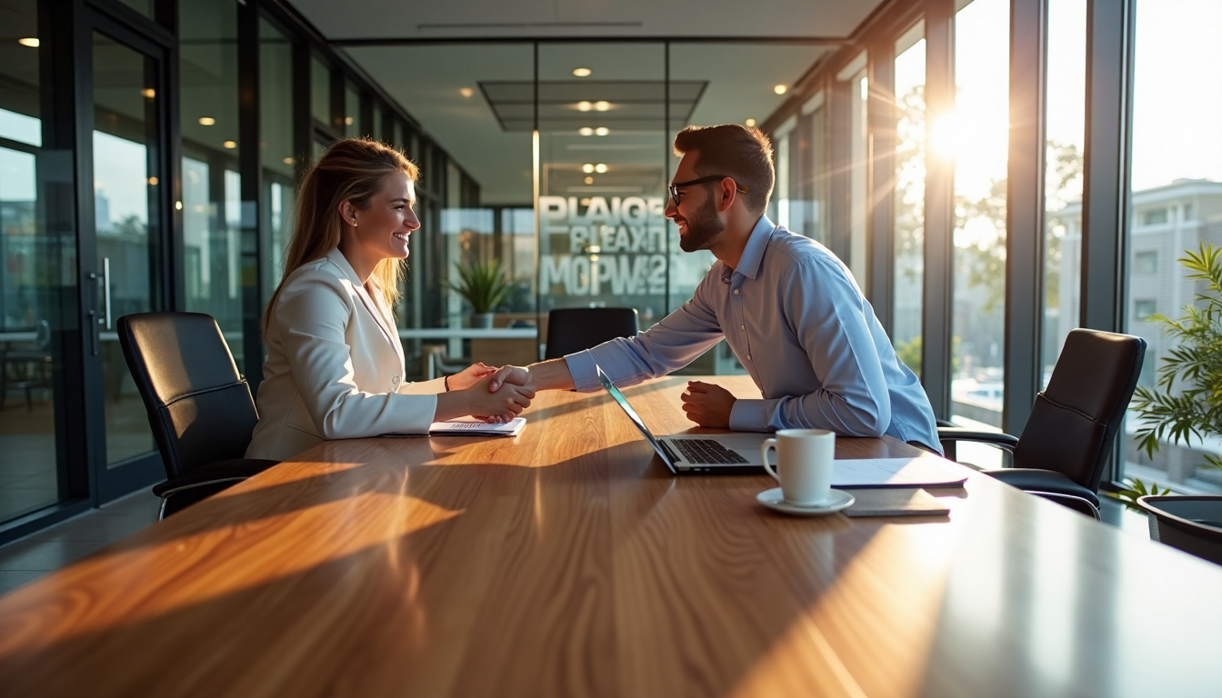 Sunlit office with veneer executive desk and professionals shaking hands