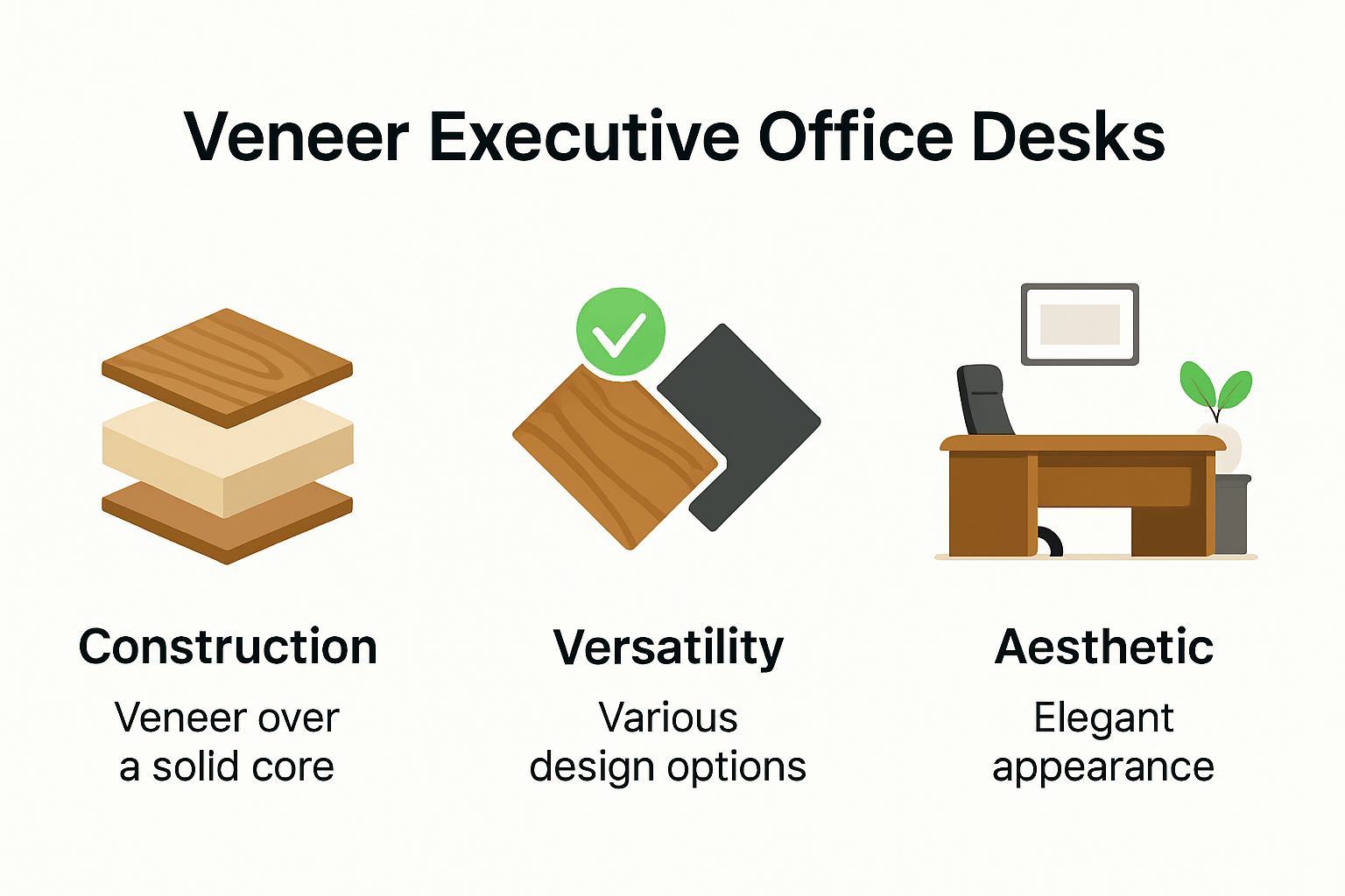 Veneer executive office desk options and construction visual guide