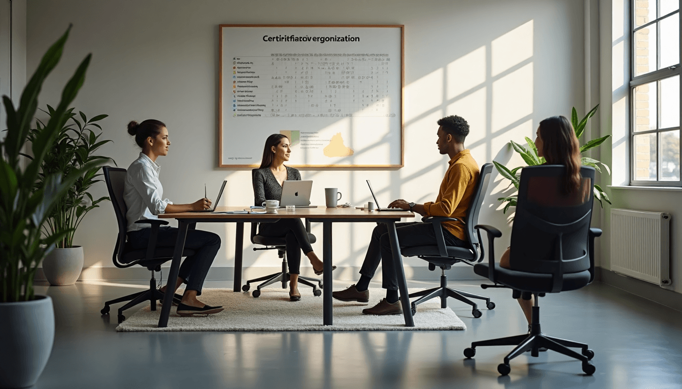 Modern South African office with certified ergonomic chairs and 'Chair Certification' wall chart