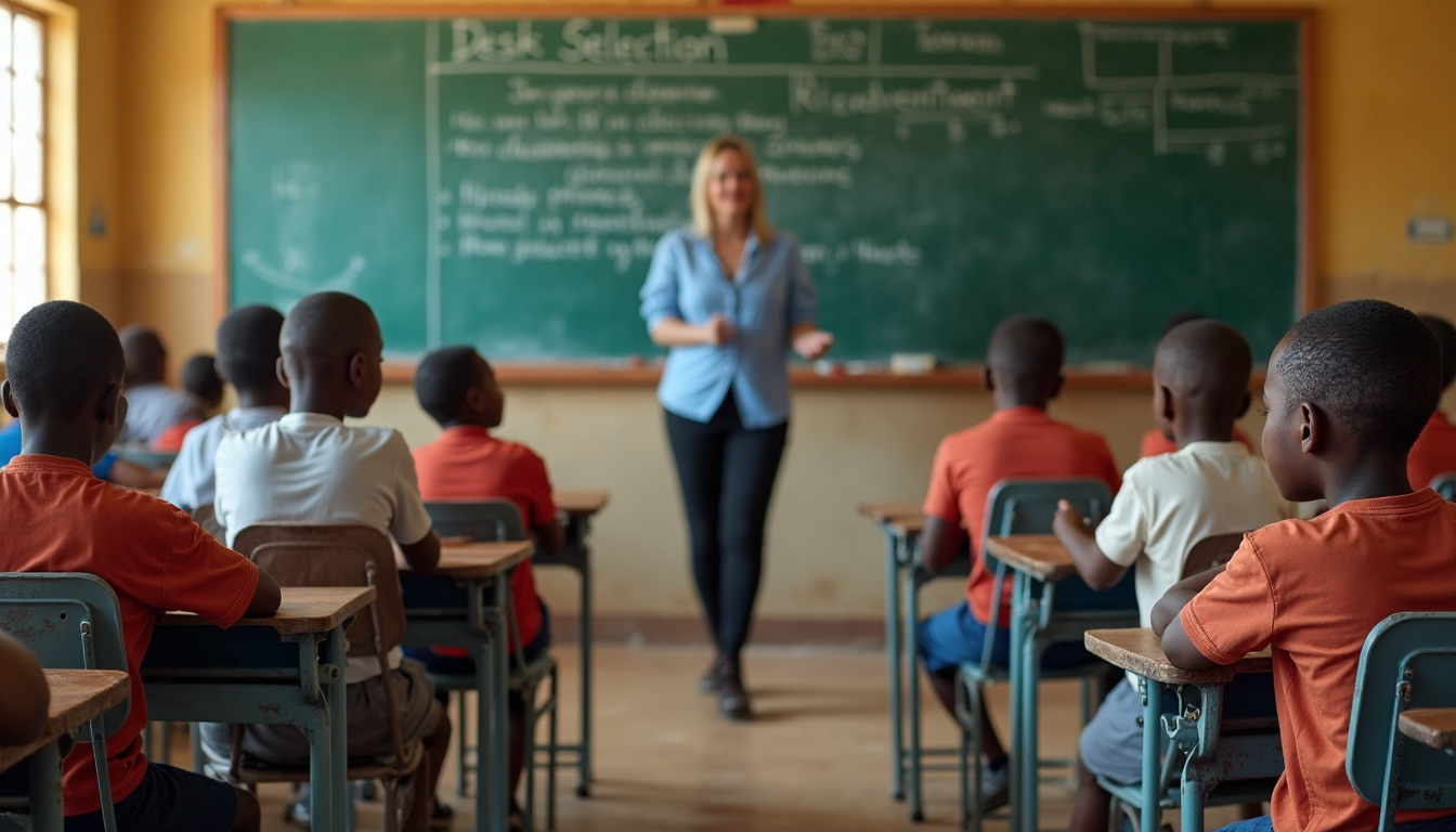 Diverse students in modern classroom with various school desks