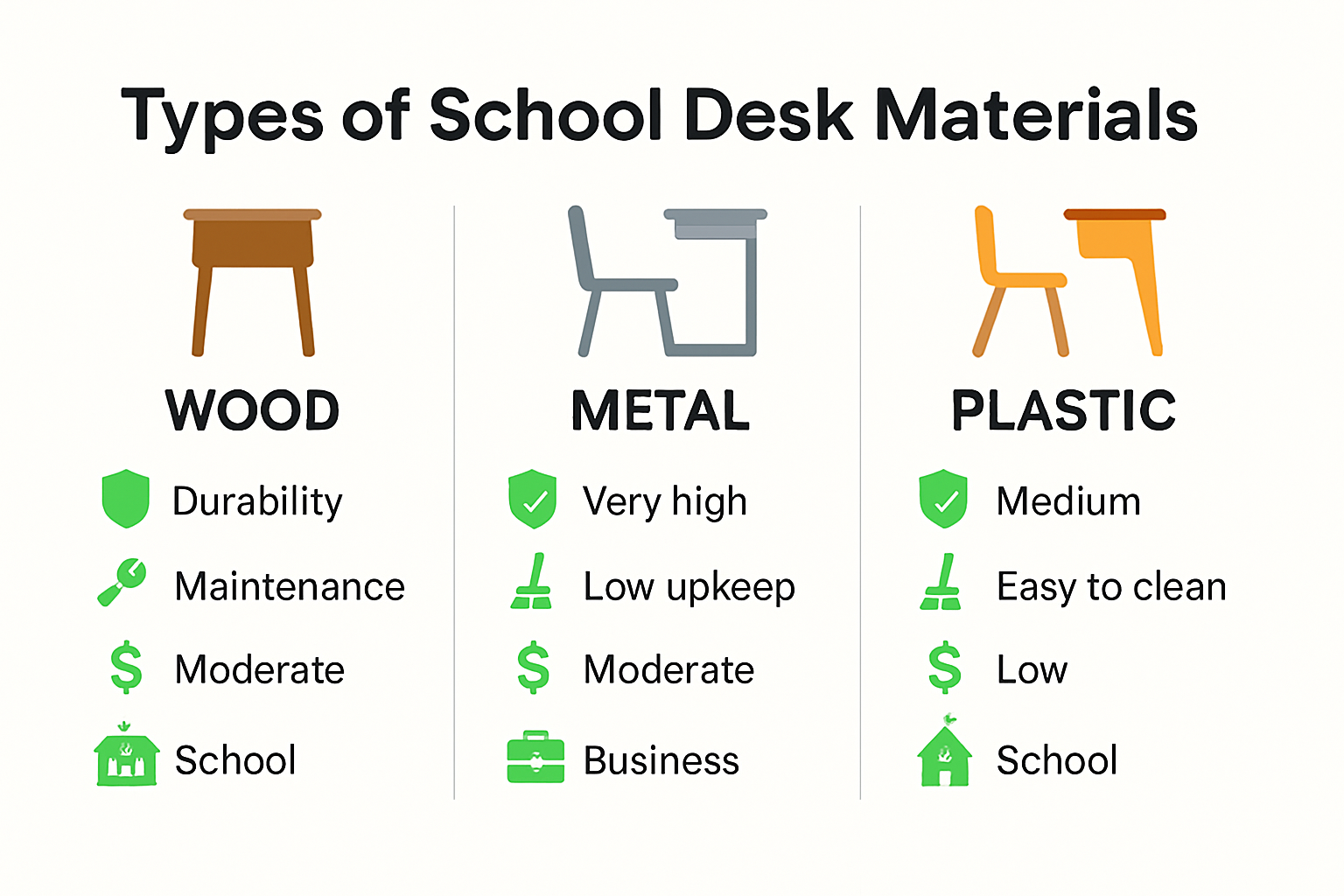 School desk material comparison infographic for buyers