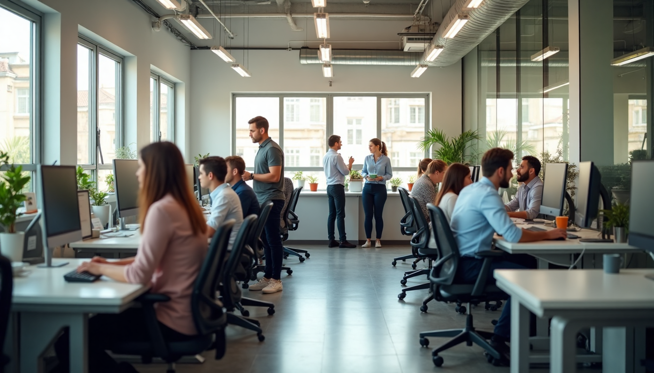 South African office scene with ergonomic furniture and 'Office Ergonomics' text on poster