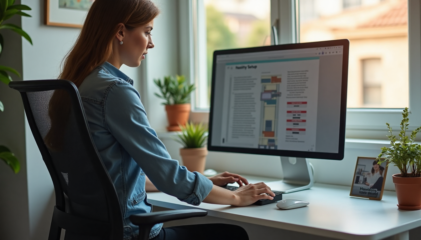 Person adjusting ergonomic chair at desk with 'Healthy Setup' sign visible